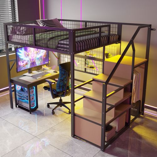 Lit Mezzanine Ados 140x200 Cm En Métal Avec Éclairage LED, Escalier Avec Rangement, Noir