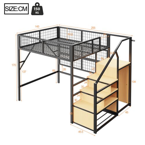 Lit Mezzanine Ados 140x200 Cm En Métal Avec Éclairage LED, Escalier Avec Rangement, Noir