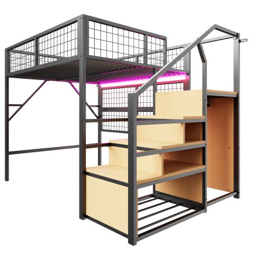 Lit Mezzanine Ados 140x200 Cm En Métal Avec Éclairage LED, Escalier Avec Rangement, Noir