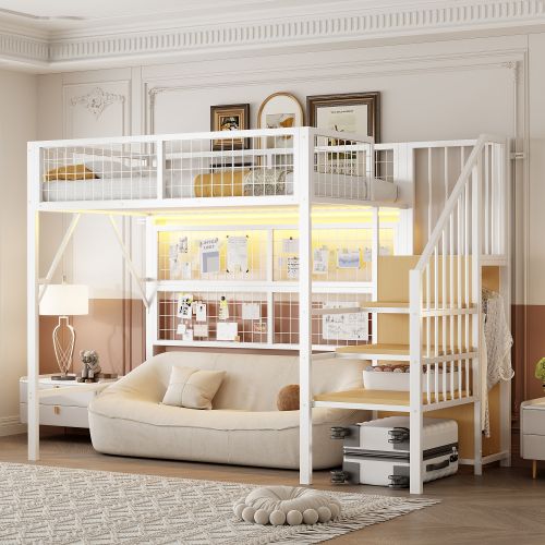 Lit Mezzanine 90x200 Cm, Lit Enfant En Métal Avec Éclairage LED, Escalier Avec Rangement, Blanc