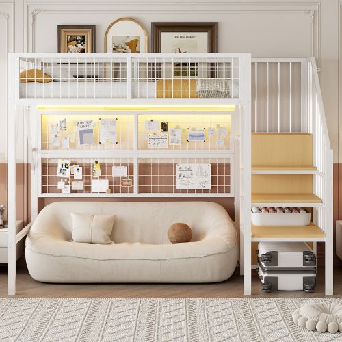 Lit Mezzanine 90x200 Cm, Lit Enfant En Métal Avec Éclairage LED, Escalier Avec Rangement, Blanc