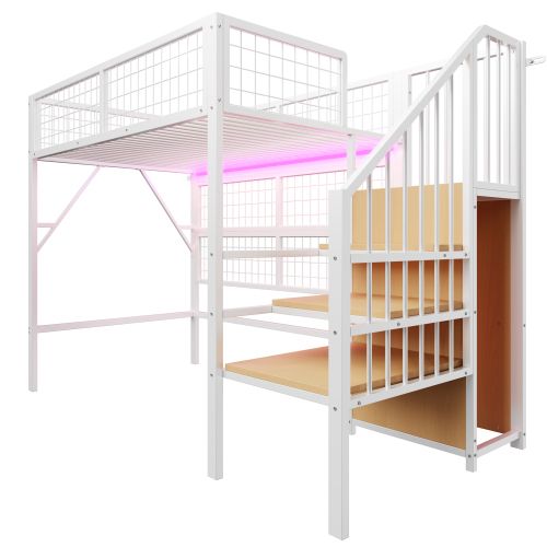 Lit Mezzanine 90x200 Cm, Lit Enfant En Métal Avec Éclairage LED, Escalier Avec Rangement, Blanc