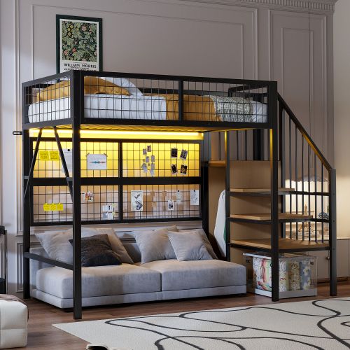 Lit Mezzanine 90x200 Cm, Lit Enfant En Métal Avec Éclairage LED, Escalier Avec Rangement, Noir