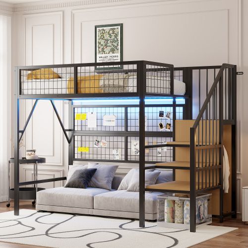 Lit Mezzanine 90x200 Cm, Lit Enfant En Métal Avec Éclairage LED, Escalier Avec Rangement, Noir