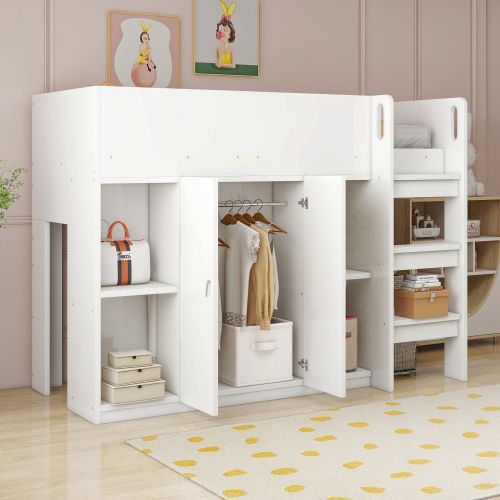 Lit Mezzanine Enfant 90x200 Cm Avec Rangements Ouverts, Armoire Et Étagère, Blanc