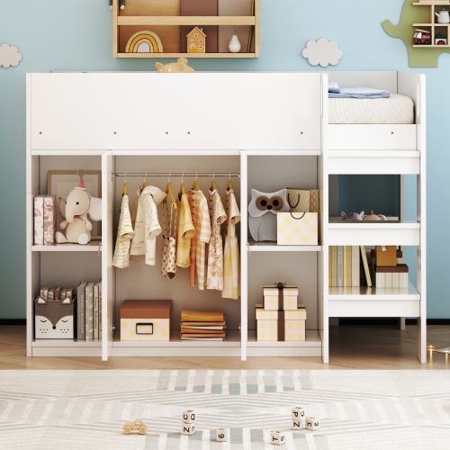 Lit Mezzanine Enfant 90x200 Cm Avec Rangements Ouverts, Armoire Et Étagère, Blanc