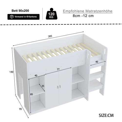 Lit Mezzanine Enfant 90x200 Cm Avec Rangements Ouverts, Armoire Et Étagère, Blanc