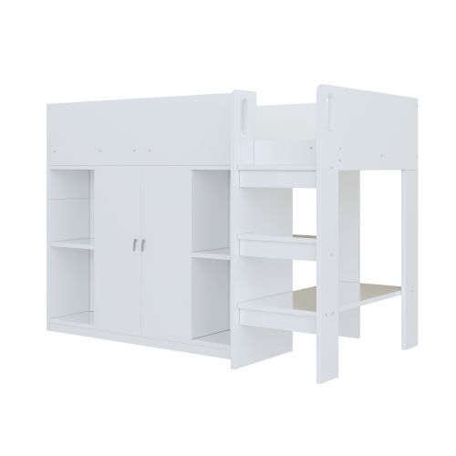 Lit Mezzanine Enfant 90x200 Cm Avec Rangements Ouverts, Armoire Et Étagère, Blanc