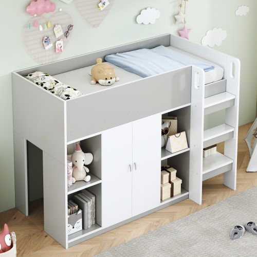 Lit Mezzanine Enfant 90x200 Cm Avec Rangements Ouverts, Armoire Et Étagère, Gris