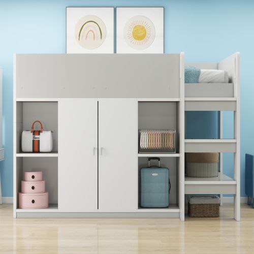 Lit Mezzanine Enfant 90x200 Cm Avec Rangements Ouverts, Armoire Et Étagère, Gris