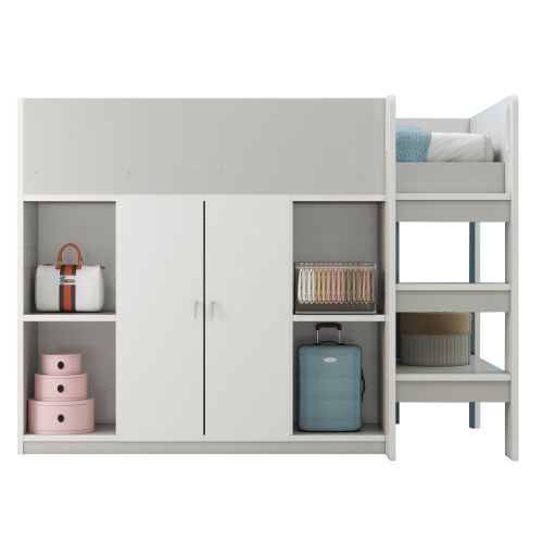 Lit Mezzanine Enfant 90x200 Cm Avec Rangements Ouverts, Armoire Et Étagère, Gris