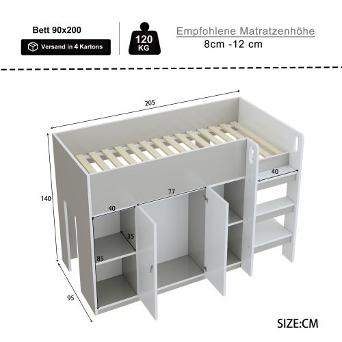Lit Mezzanine Enfant 90x200 Cm Avec Rangements Ouverts, Armoire Et Étagère, Gris