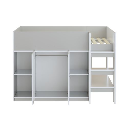 Lit Mezzanine Enfant 90x200 Cm Avec Rangements Ouverts, Armoire Et Étagère, Gris