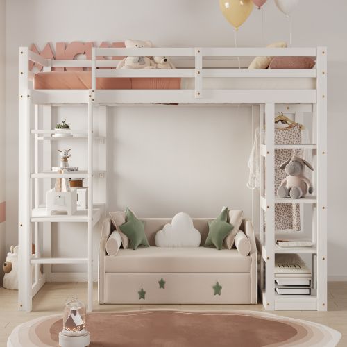 Lit Mezzanine Enfant 90x200 Cm En Bois Avec Échelle, Table Et Étagères, Blanc