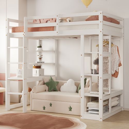 Lit Mezzanine Enfant 90x200 Cm En Bois Avec Échelle, Table Et Étagères, Blanc