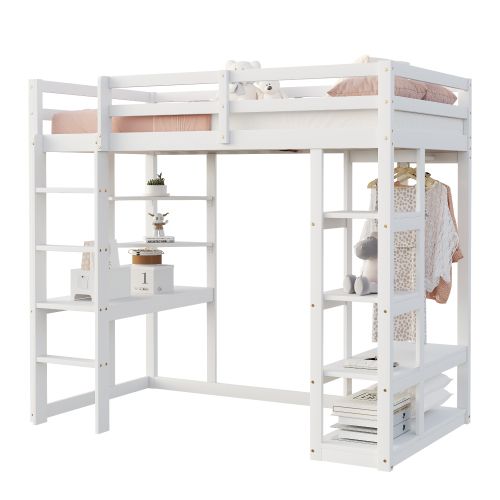 Lit Mezzanine Enfant 90x200 Cm En Bois Avec Échelle, Table Et Étagères, Blanc