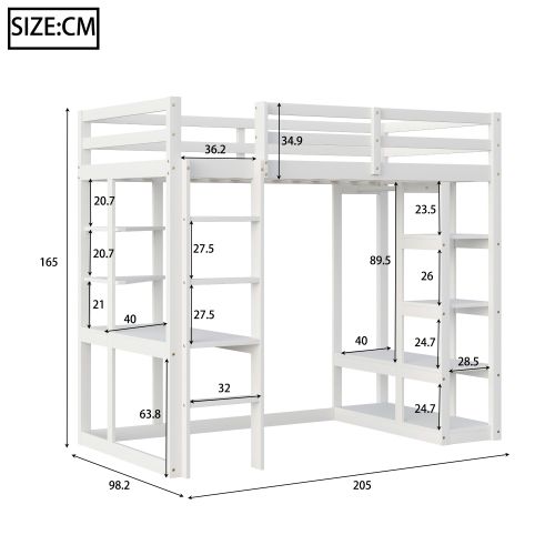 Lit Mezzanine Enfant 90x200 Cm En Bois Avec Échelle, Table Et Étagères, Blanc