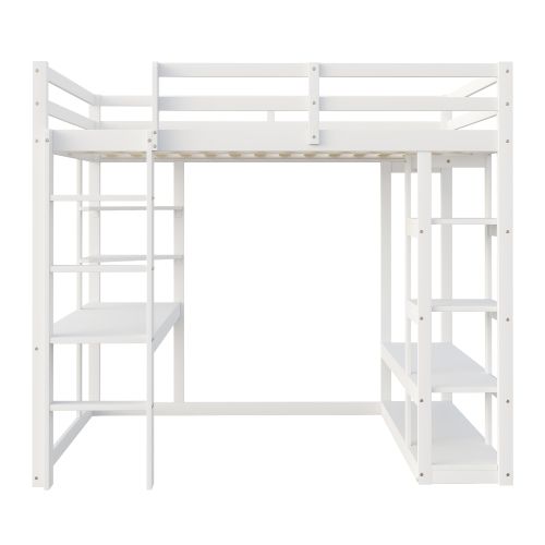 Lit Mezzanine Enfant 90x200 Cm En Bois Avec Échelle, Table Et Étagères, Blanc
