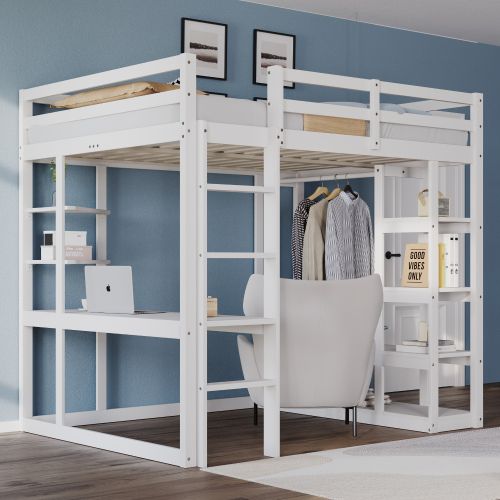 Lit Mezzanine Enfant 140x200 Cm, Cadre De Lit En Bois Avec Échelle, Table Et Étagères, Blanc