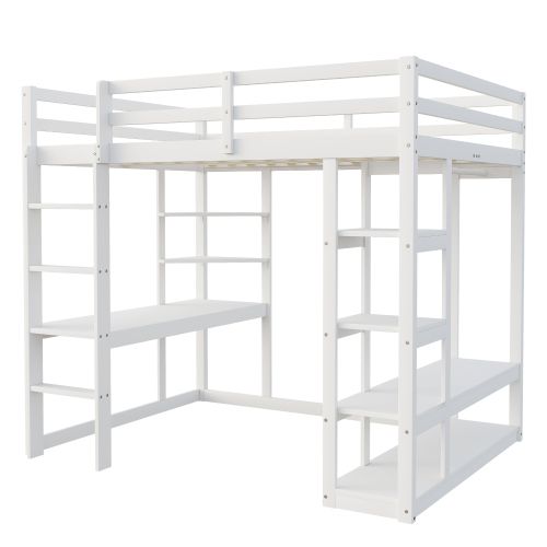 Lit Mezzanine Enfant 140x200 Cm, Cadre De Lit En Bois Avec Échelle, Table Et Étagères, Blanc