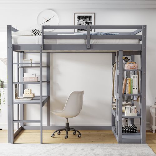 Lit Mezzanine Enfant 140x200 Cm, Cadre De Lit En Bois Avec Échelle, Table Et Étagères, Gris