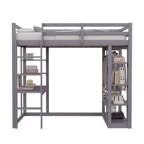 Lit Mezzanine Enfant 140x200 Cm, Cadre De Lit En Bois Avec Échelle, Table Et Étagères, Gris