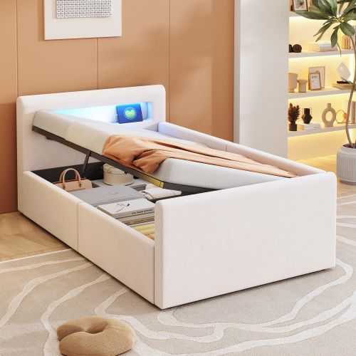 Lit Coffre Enfant 90x200 Cm Avec Éclairage LED, Port De Charge USB, Étagère, Rangement, Beige