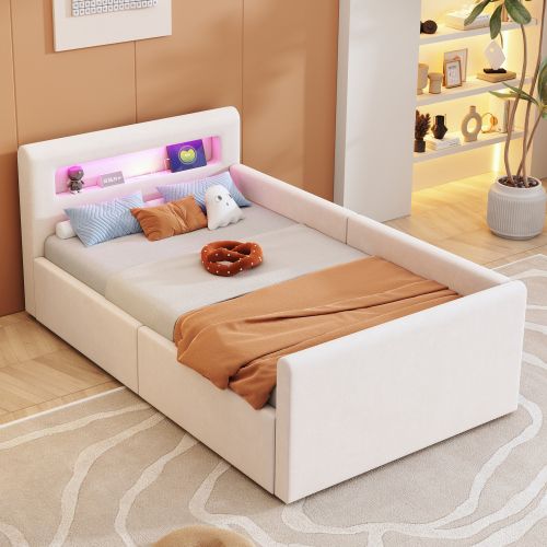 Lit Coffre Enfant 90x200 Cm Avec Éclairage LED, Port De Charge USB, Étagère, Rangement, Beige
