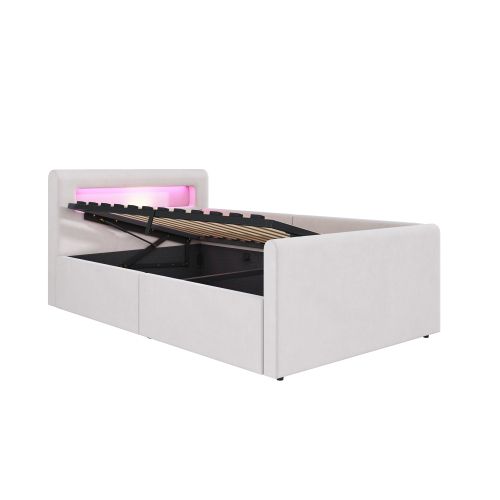 Lit Coffre Enfant 90x200 Cm Avec Éclairage LED, Port De Charge USB, Étagère, Rangement, Beige