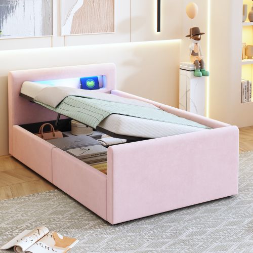 Lit Coffre Enfant 90x200 Cm Avec Éclairage LED, Port De Charge USB, Étagère, Rangement, Rose