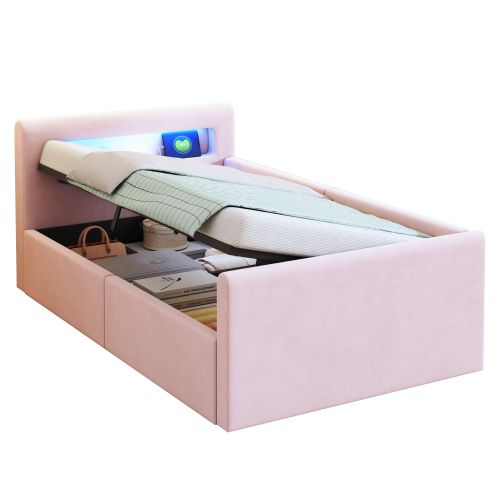 Lit Coffre Enfant 90x200 Cm Avec Éclairage LED, Port De Charge USB, Étagère, Rangement, Rose