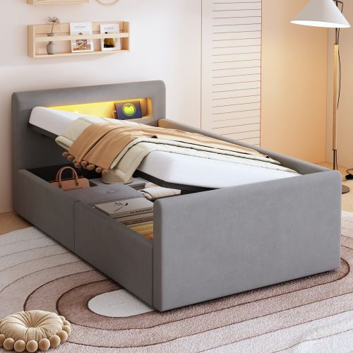 Lit Coffre Enfant 90x200 Cm Avec LED, Port De Charge USB, Étagère, Gris Clair
