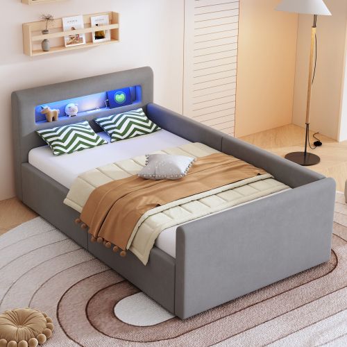 Lit Coffre Enfant 90x200 Cm Avec LED, Port De Charge USB, Étagère, Gris Clair
