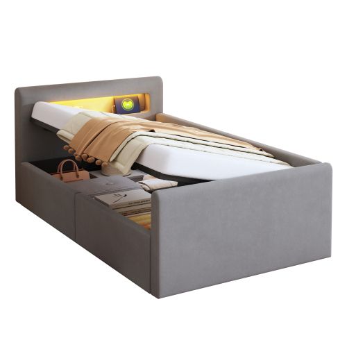Lit Coffre Enfant 90x200 Cm Avec LED, Port De Charge USB, Étagère, Gris Clair