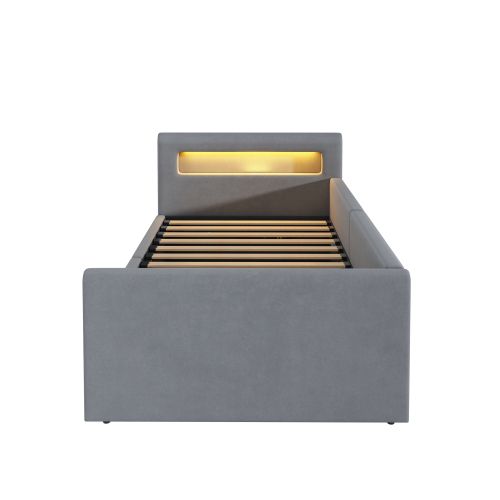 Lit Coffre Enfant 90x200 Cm Avec LED, Port De Charge USB, Étagère, Gris Clair