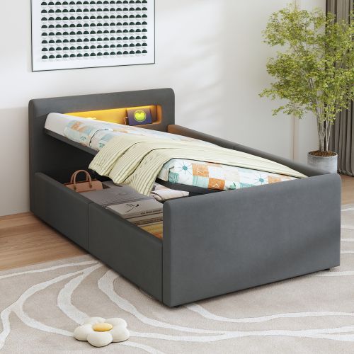 Lit Coffre Enfant 90x200 Cm Avec LED, Port De Charge USB, Étagère, Gris Foncé