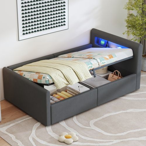 Lit Coffre Enfant 90x200 Cm Avec LED, Port De Charge USB, Étagère, Gris Foncé