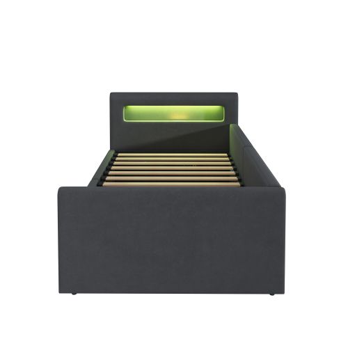 Lit Coffre Enfant 90x200 Cm Avec LED, Port De Charge USB, Étagère, Gris Foncé