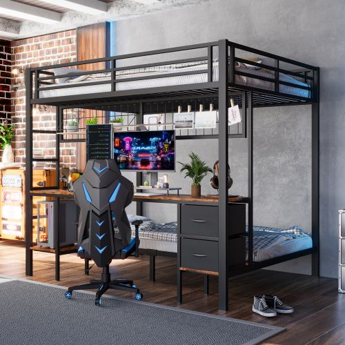 Lit Superposé 90x200 Cm Et 140x200 Cm Avec 2 Tiroirs, Étagère, Grille, Bureau, LED, Port USB, Noir