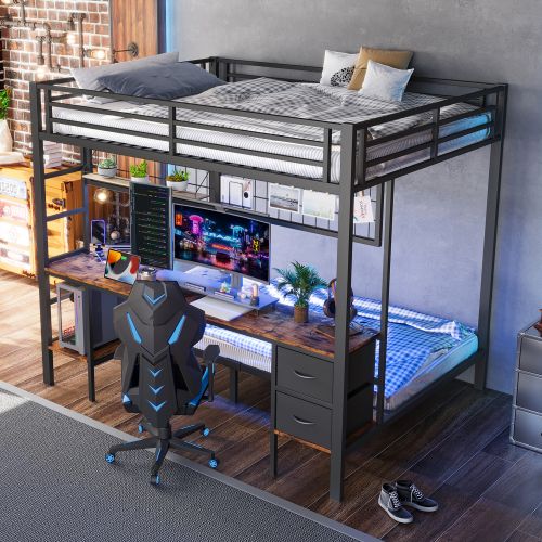 Lit Superposé 90x200 Cm Et 140x200 Cm Avec 2 Tiroirs, Étagère, Grille, Bureau, LED, Port USB, Noir