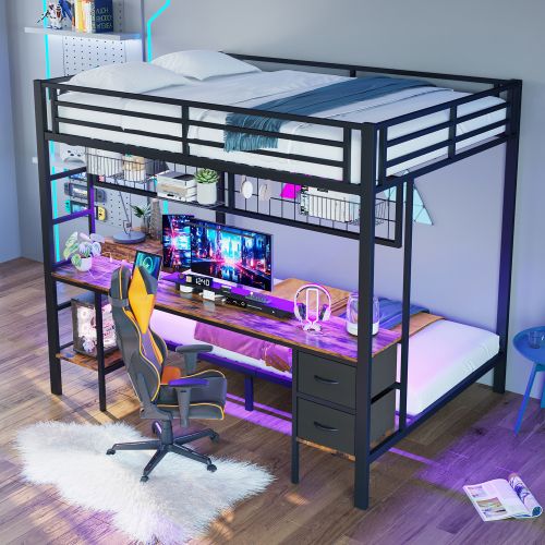 Lit Superposé 90x200 Cm Et 140x200 Cm Avec 2 Tiroirs, Étagère, Grille, Bureau, LED, Port USB, Noir