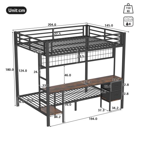 Lit Superposé 90x200 Cm Et 140x200 Cm Avec 2 Tiroirs, Étagère, Grille, Bureau, LED, Port USB, Noir