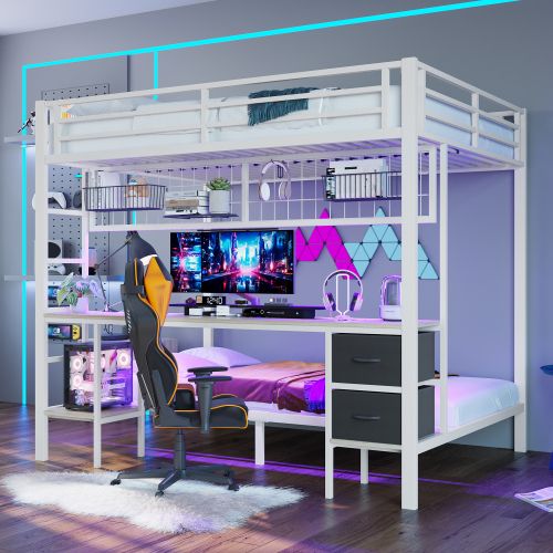 Lit Superposé 90x200 Cm Et 140x200 Cm Avec 2 Tiroirs, Étagère, Grille, Bureau, LED, Port USB, Blanc