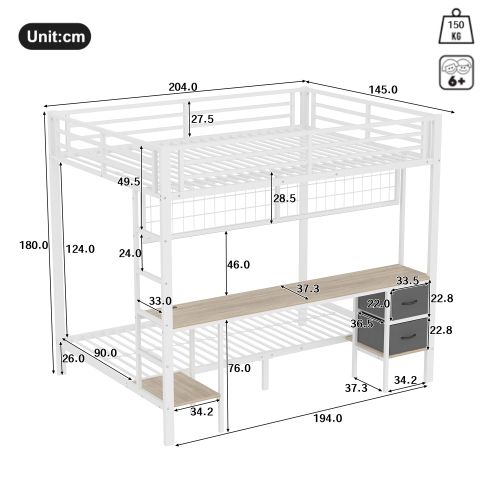 Lit Superposé 90x200 Cm Et 140x200 Cm Avec 2 Tiroirs, Étagère, Grille, Bureau, LED, Port USB, Blanc