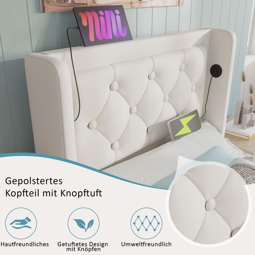 Lit90x200cm,lit Coffre,1 Place,lit Avec Rangement,led,usb,tête De Lit,pu,blanc