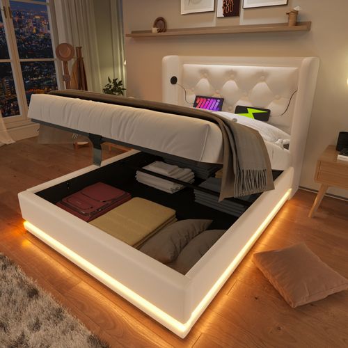 Lit90x200cm,lit Coffre,1 Place,lit Avec Rangement,led,usb,tête De Lit,pu,blanc