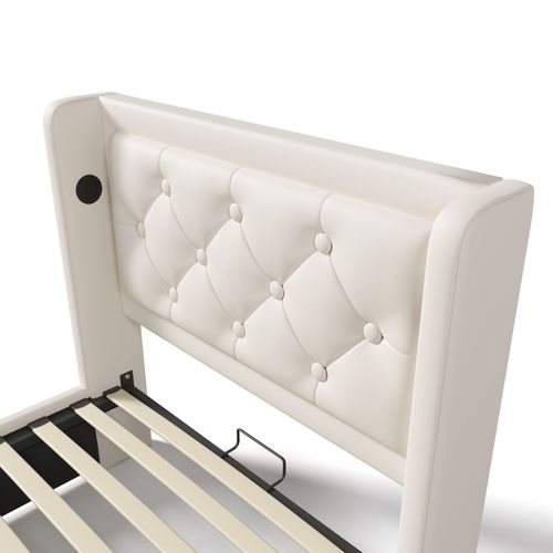 Lit90x200cm,lit Coffre,1 Place,lit Avec Rangement,led,usb,tête De Lit,pu,blanc