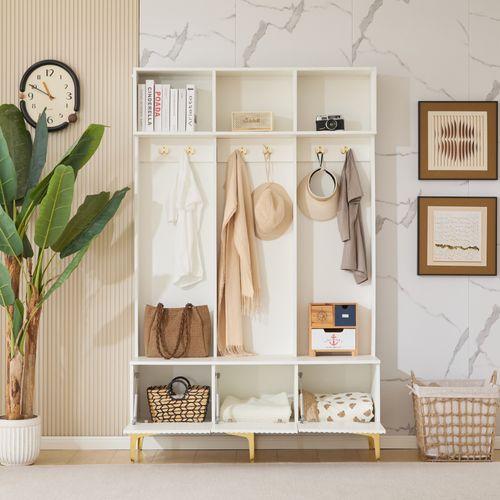 Vestiaire Blanc Meuble D’entrée Blanc Avec Rangement Et Banc H.191.5cm