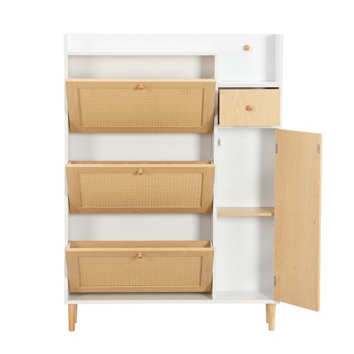 Meuble à Chaussures Imitation Bois Et Blanc 4 Portes Et Tiroir De Rangement