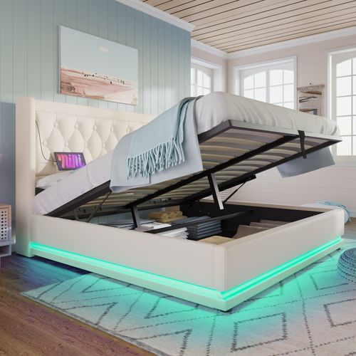 Lit180x200cm,lit Coffre,cadre De Lit,lit Double,lit Avec Rangement,led,usb,pu,blanc